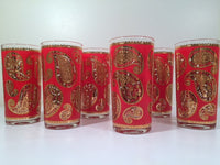 Load image into Gallery viewer, Culver Mid-Century Red &amp; 22-Karat Gold Paisley Bar Set (6 Glasses and Carrier)

