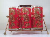 Load image into Gallery viewer, Culver Mid-Century Red &amp; 22-Karat Gold Paisley Bar Set (6 Glasses and Carrier)
