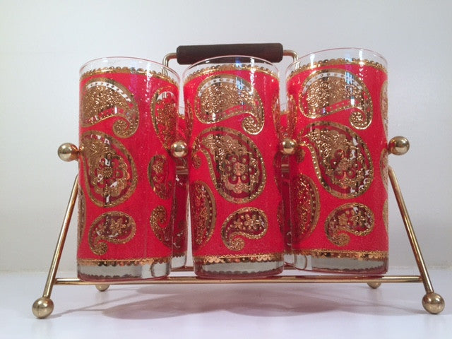 Culver Mid-Century Red & 22-Karat Gold Paisley Bar Set (6 Glasses and Carrier)
