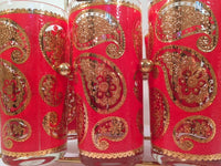 Load image into Gallery viewer, Culver Mid-Century Red &amp; 22-Karat Gold Paisley Bar Set (6 Glasses and Carrier)
