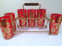Load image into Gallery viewer, Culver Mid-Century Red &amp; 22-Karat Gold Paisley Bar Set (6 Glasses and Carrier)

