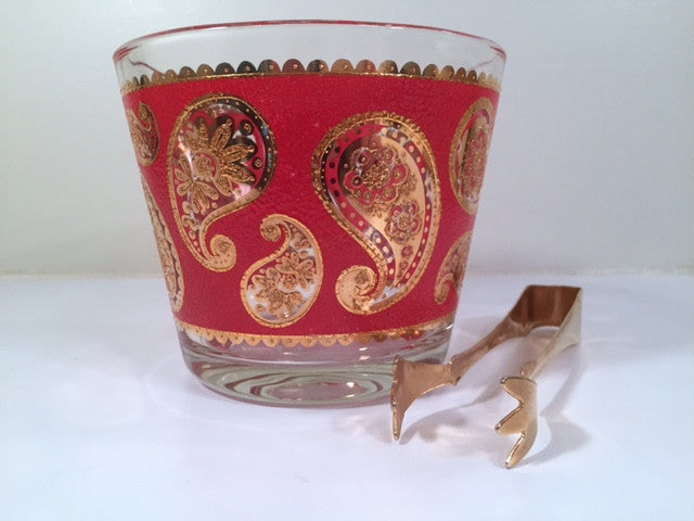 Culver Signed Mid-Century Red & 22-Karat Gold Paisley Ice Container and Tongs