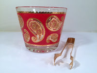 Load image into Gallery viewer, Culver Signed Mid-Century Red &amp; 22-Karat Gold Paisley Ice Container and Tongs
