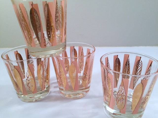 Fred Press 22Kt Gold Clover Pattern Overlaid on shops White Cocktail Glasses, 1950s Vintage