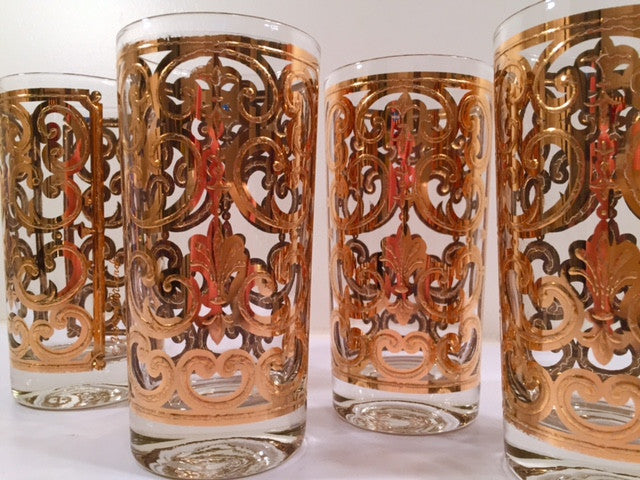 Georges Briard - Signed Mid-Century 22-Karat Gold Fleur-De-Lis Highball Glasses (Set of 4)