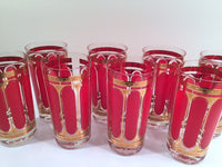 Load image into Gallery viewer, Fred Press Signed Mid-Century Red Stripes &amp; 22-Karat Gold Crown Highball Glasses with Carrier (8 Glasses and Carrier)
