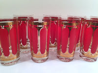 Load image into Gallery viewer, Fred Press Signed Mid-Century Red Stripes &amp; 22-Karat Gold Crown Highball Glasses with Carrier (8 Glasses and Carrier)
