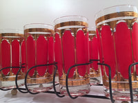 Load image into Gallery viewer, Fred Press Signed Mid-Century Red Stripes &amp; 22-Karat Gold Crown Highball Glasses with Carrier (8 Glasses and Carrier)
