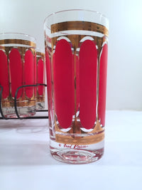Load image into Gallery viewer, Fred Press Signed Mid-Century Red Stripes &amp; 22-Karat Gold Crown Highball Glasses with Carrier (8 Glasses and Carrier)
