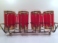 Load image into Gallery viewer, Fred Press Signed Mid-Century Red Stripes &amp; 22-Karat Gold Crown Highball Glasses with Carrier (8 Glasses and Carrier)
