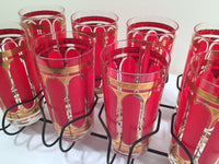 Load image into Gallery viewer, Fred Press Signed Mid-Century Red Stripes &amp; 22-Karat Gold Crown Highball Glasses with Carrier (8 Glasses and Carrier)
