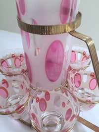 Load image into Gallery viewer, Fred Press Signed Mid-Century Classic Pink and Frosted Cocktail Set (6 Glasses &amp; 1 Pitcher &amp; 1 Carrier)
