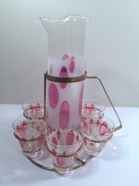 Load image into Gallery viewer, Fred Press Signed Mid-Century Classic Pink and Frosted Cocktail Set (6 Glasses &amp; 1 Pitcher &amp; 1 Carrier)
