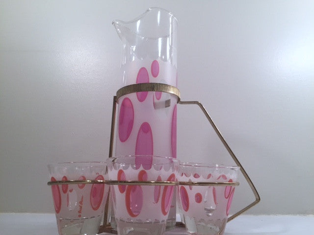 Fred Press Signed Mid-Century Classic Pink and Frosted Cocktail Set (6 Glasses & 1 Pitcher & 1 Carrier)