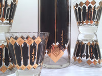 Load image into Gallery viewer, Fred Press Signed Mid-Century Black and 22-Karat Gold Diamonds Retro 8-Piece Cocktail Set (1 Pitcher, 1 Carrier, 6 Glasses)

