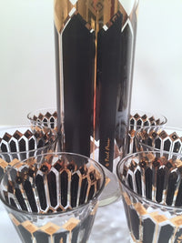 Load image into Gallery viewer, Fred Press Signed Mid-Century Black and 22-Karat Gold Diamonds Retro 8-Piece Cocktail Set (1 Pitcher, 1 Carrier, 6 Glasses)
