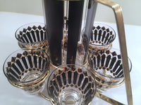 Load image into Gallery viewer, Fred Press Signed Mid-Century Black and 22-Karat Gold Diamonds Retro 8-Piece Cocktail Set (1 Pitcher, 1 Carrier, 6 Glasses)
