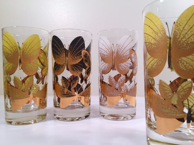 Fred Press Signed Mid-Century Butterfly Glasses (Set of 4)