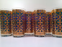 Load image into Gallery viewer, Georges Briard Signed Mid-Century Firenza Blue and 22-Karat Gold Italian Renaissance Cross Highball Glasses (Set of 6)
