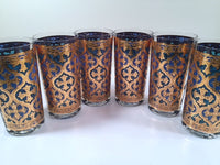 Load image into Gallery viewer, Georges Briard Signed Mid-Century Firenza Blue and 22-Karat Gold Italian Renaissance Cross Highball Glasses (Set of 6)

