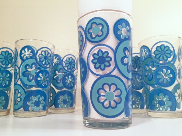 Hazel Atlas Mid-Century Hazelware Blue Flower Power Glasses (Set of 8)