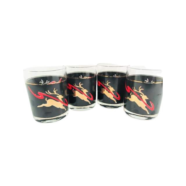 Culver Mid-Century Dasher Flying Reindeer Double Old Fashion Glasses (Set of 4)