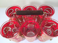 Load image into Gallery viewer, Culver Mid-Century Red &amp; 22-Karat Gold Paisley Bar Set (6 Glasses and Carrier)
