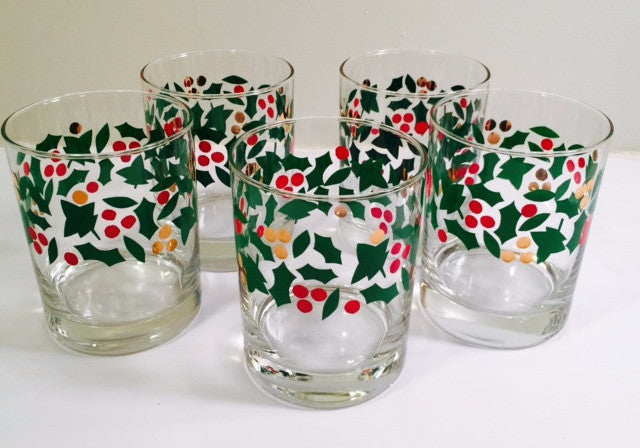 Libbey Vintage Holly & Berry with Gold Rock Glasses (Set of 5)