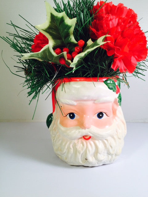 Vintage Santa Face Display Ceramic Figure with Flowers