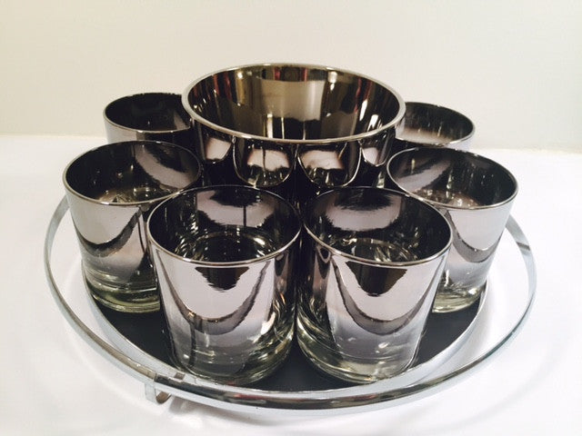 Vintage Silver Fade Bar Glasses and Coaster Set Mid Century Lusterware Bar Ware shops