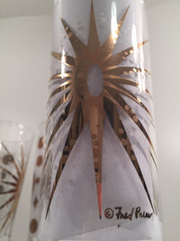 Load image into Gallery viewer, Fred Press - Signed Mid-Century Frosted White &amp; 22-Karat Gold Atomic Starburst Collins Glasses (Set of 4)
