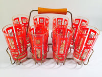 Load image into Gallery viewer, Vintage Mid-Century Jeannette Glassware Geometric Red and 22-Karat Gold Highball Glasses with Retro Carrier (Set of 8 plus Carrier)
