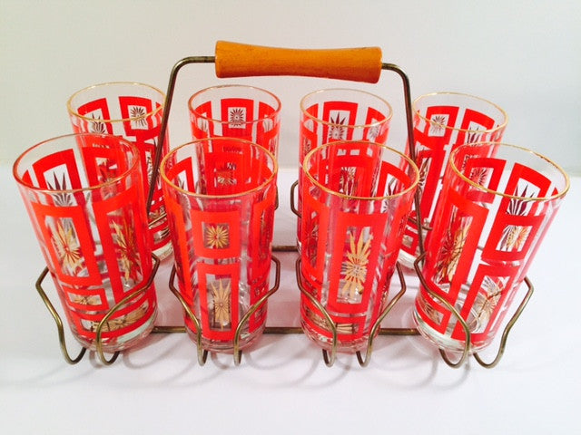 Vintage Mid-Century Jeannette Glassware Geometric Red and 22-Karat Gold Highball Glasses with Retro Carrier (Set of 8 plus Carrier)