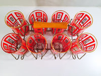 Load image into Gallery viewer, Vintage Mid-Century Jeannette Glassware Geometric Red and 22-Karat Gold Highball Glasses with Retro Carrier (Set of 8 plus Carrier)
