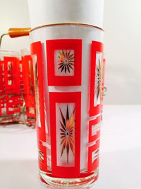 Load image into Gallery viewer, Vintage Mid-Century Jeannette Glassware Geometric Red and 22-Karat Gold Highball Glasses with Retro Carrier (Set of 8 plus Carrier)

