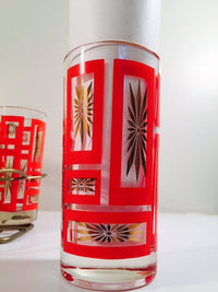 Load image into Gallery viewer, Vintage Mid-Century Jeannette Glassware Geometric Red and 22-Karat Gold Highball Glasses with Retro Carrier (Set of 8 plus Carrier)
