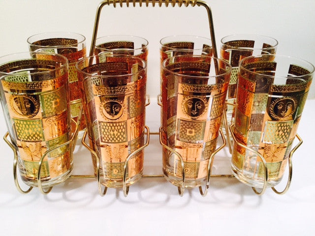 Georges Briard - Signed 22 Karat Gold, Golden Celeste Highball Set with Carrier (Set of 8 Highball Glasses & Carrier)