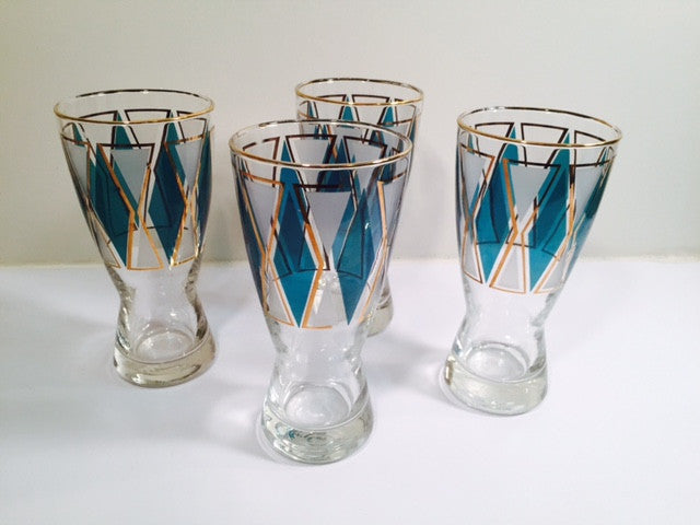 Libbey Emerald - Blue and Gold Diamond Pilsner Glasses (Set of 4)