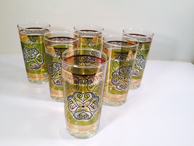 Vintage Retro Green and Gold Flower Glasses (Set of 6)