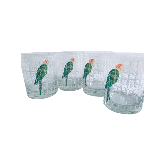 Cera Signed Mid-Century Caged Parrot Double Old Fashion Glasses (Set of 4)