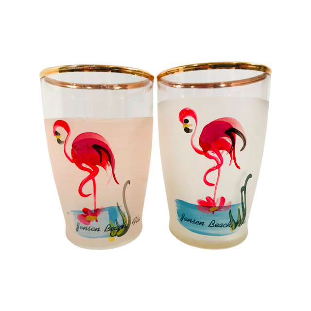 Vintage Hand Painted Jensen Beach Flamingo Whiskey Glasses (Set of 2)
