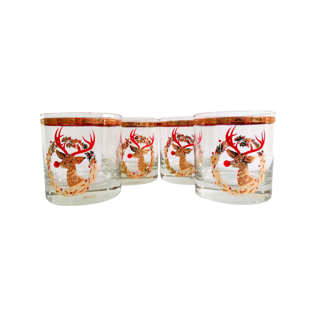 Culver Signed Mid-Century Rudolph The Red Nose Reindeer Old Fashion Glasses (Set of 4)