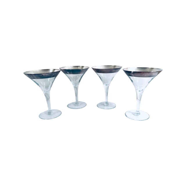 mid-century deco vintage silver chrome metal martini glasses, Farberware  cocktail set
