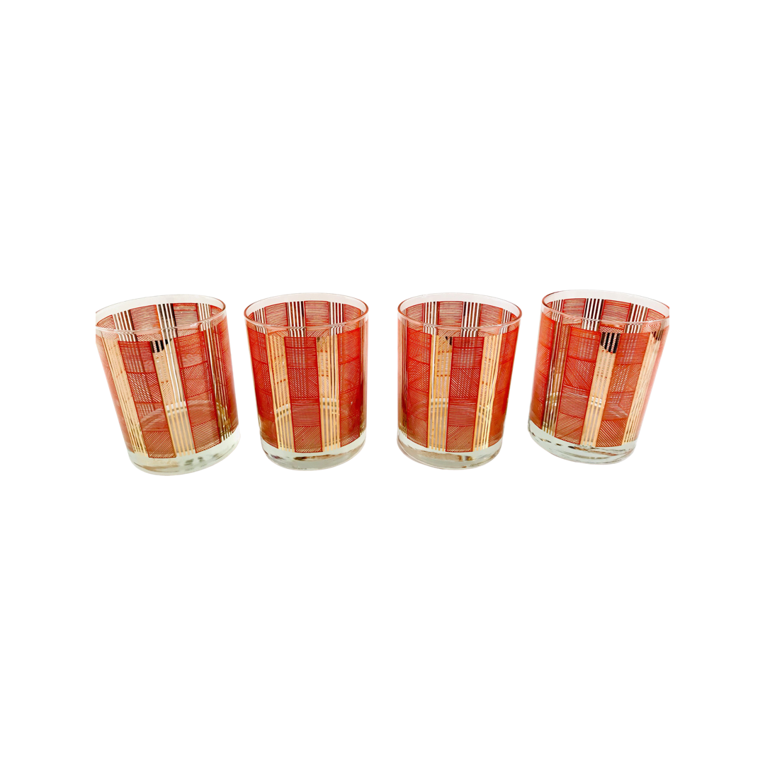 Georges Briard Signed Gold and Orange Abstract Double Old Fashion Glasses (Set of 4)