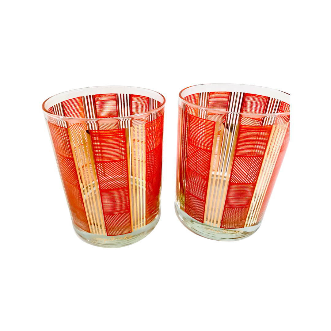 Georges Briard Signed Gold and Orange Abstract Double Old Fashion Glasses (Set of 2)