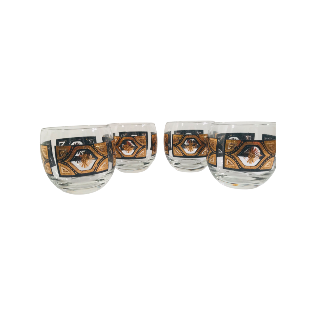 Culver Signed Mid-Century Black and Gold Diamond Roly Poly Glasses (Set of 4)