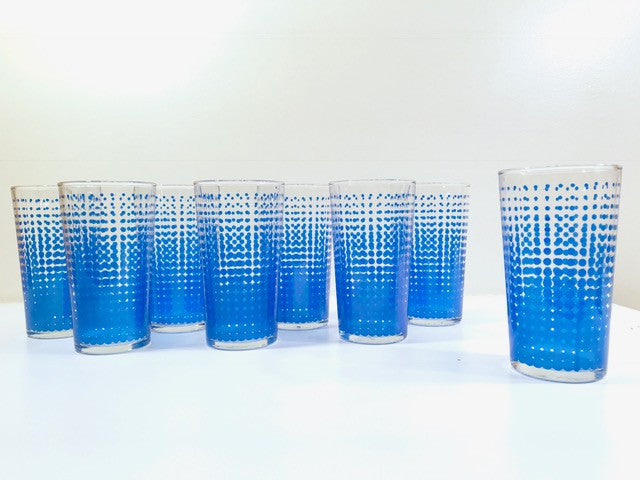 Hazel Atlas Mid-Century Retro Blue Dots Glass Set With Original Box (Set of 8)