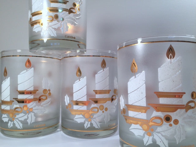 Culver Signed Mid-Century 22-Karat Gold & White Christmas Candles Glasses (Set of 4 with Original Box)