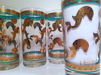 Load image into Gallery viewer, Fred Press Signed Mid-Century Turquoise &amp; 22-Karat Gold Dolphin Glasses (Set of 6)

