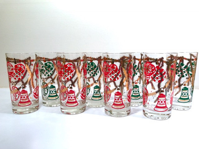 Norman Wolff Co Mid-Century Red and Green Christmas Garland Glasses (Set of 8)